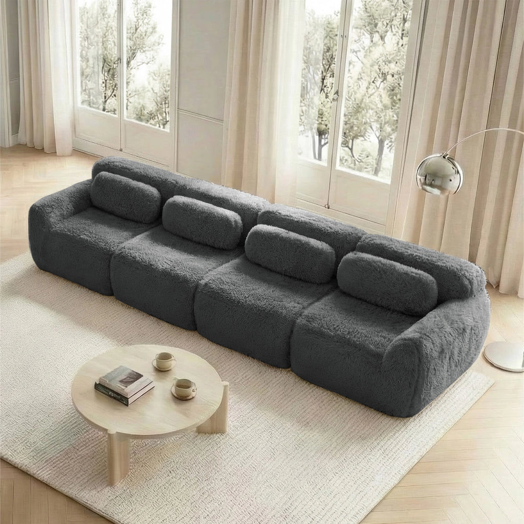 Divano Modulare 4 Posti con Cuscini Comfort Nuvola; Seduta Ampia; Base Antiscivolo in Peluche Grigio