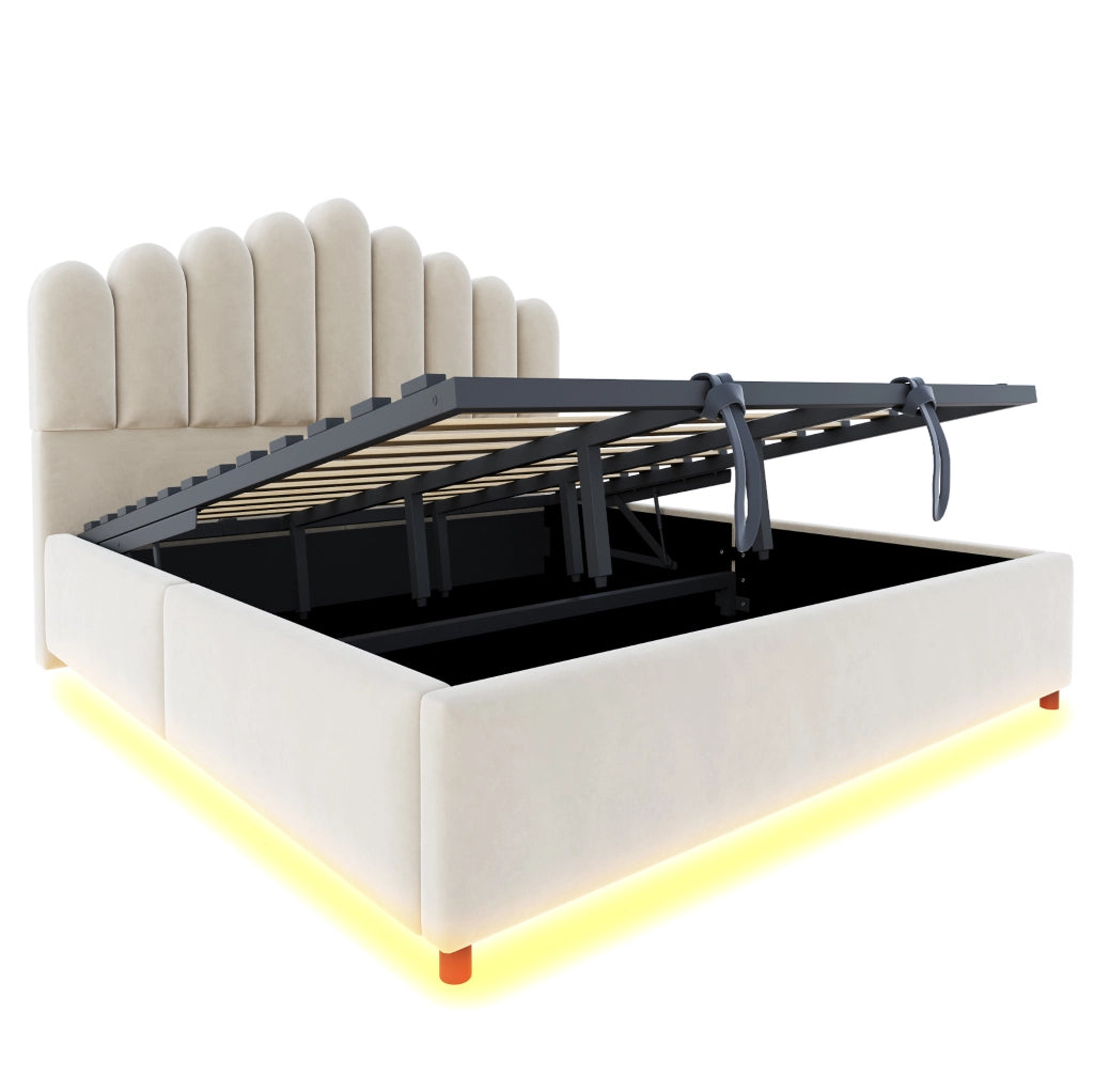 Letto imbottito 180x200 cm con contenitore idraulico; LED; velluto beige