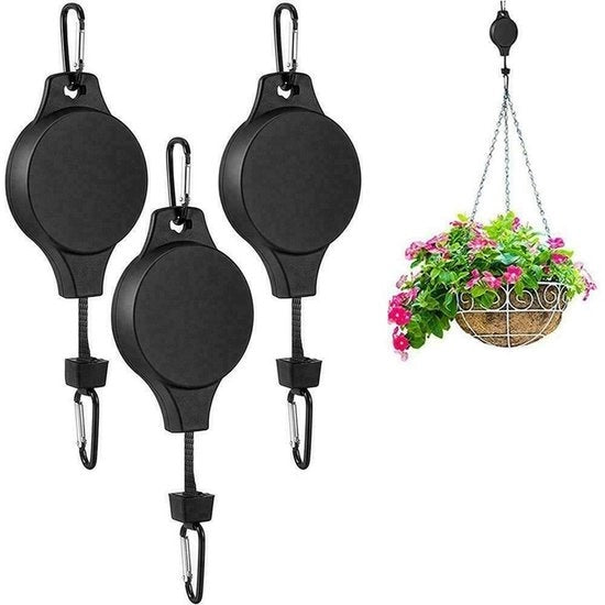 Tre pezzi di supporti per piante retrattili, attrezzature per piante pendenti, facilmente regolabili, chiusura automatica, gancio regolabile per cesti di fiori, vasi e case per uccelli.