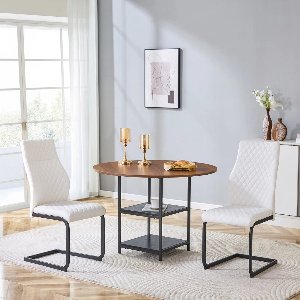 Set tavolo da pranzo e sedie con 1 tavolo rotondo e 2 sedie; 2 ripiani; in MDF effetto noce; metallo nero e PU bianco