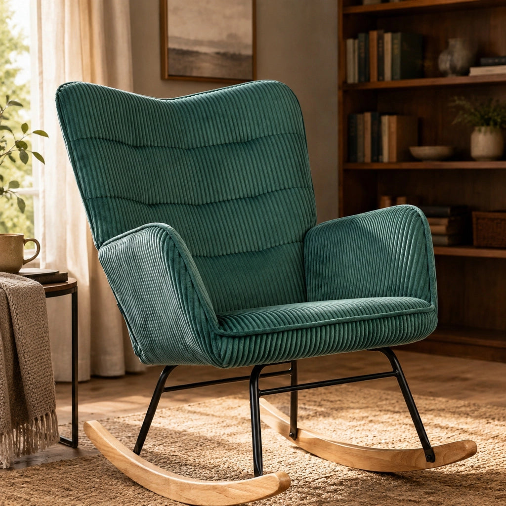 Sedia a dondolo 98x71x101 cm con schienale trapuntato in poliestere verde scuro