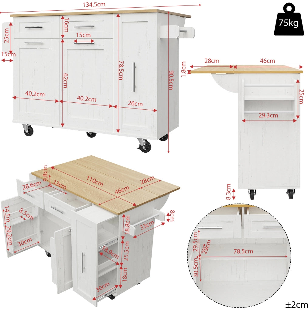 Isola da cucina 110x46x90;5 cm; piano ribaltabile; MDF e metallo bianco