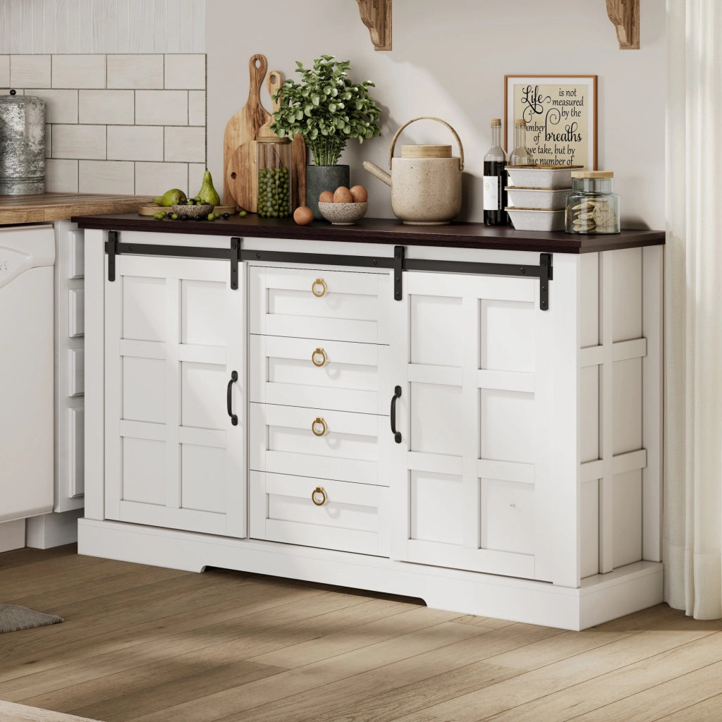Credenza con 2 ante scorrevoli; 4 cassetti e ripiani regolabili per cucina in MDF bianco 150×40×85 cm