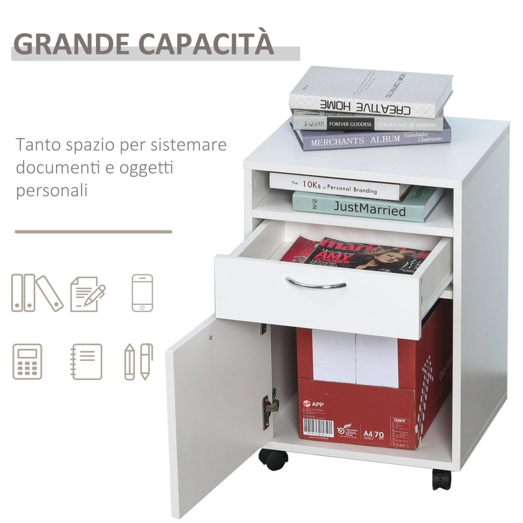 EasyComfort Schedario da Ufficio con Cassetto, Armadietto, Ruote a Freno e Ripiano Aperto, Cassettiera Ufficio per Lettera/Legale/Formato A4, Armadio Verticale per Studio, 40x35x60 cm, Bianco