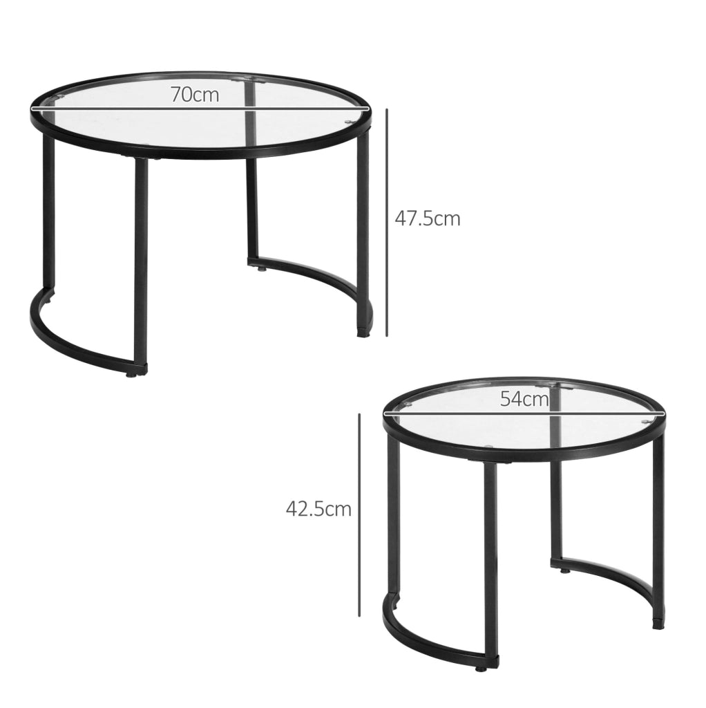 Set 2 tavolini da caffè in vetro e acciaio nero