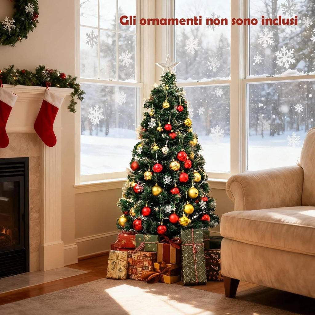 Albero di Natale con Luci in Fibra Ottica 120/150 cm, Albero di Natale Preilluminato con 8 Modalità di Illuminazione, 130/170 Rami, 14/20 Fiocchi di Neve, Puntale a Stella e Base (120 cm)