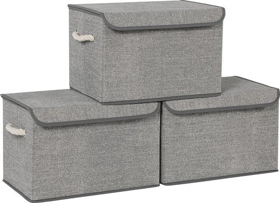 Set di 3 scatole di archiviazione con coperchio - Tessuto, Maniglie di cotone, Aspetto di lino grigio