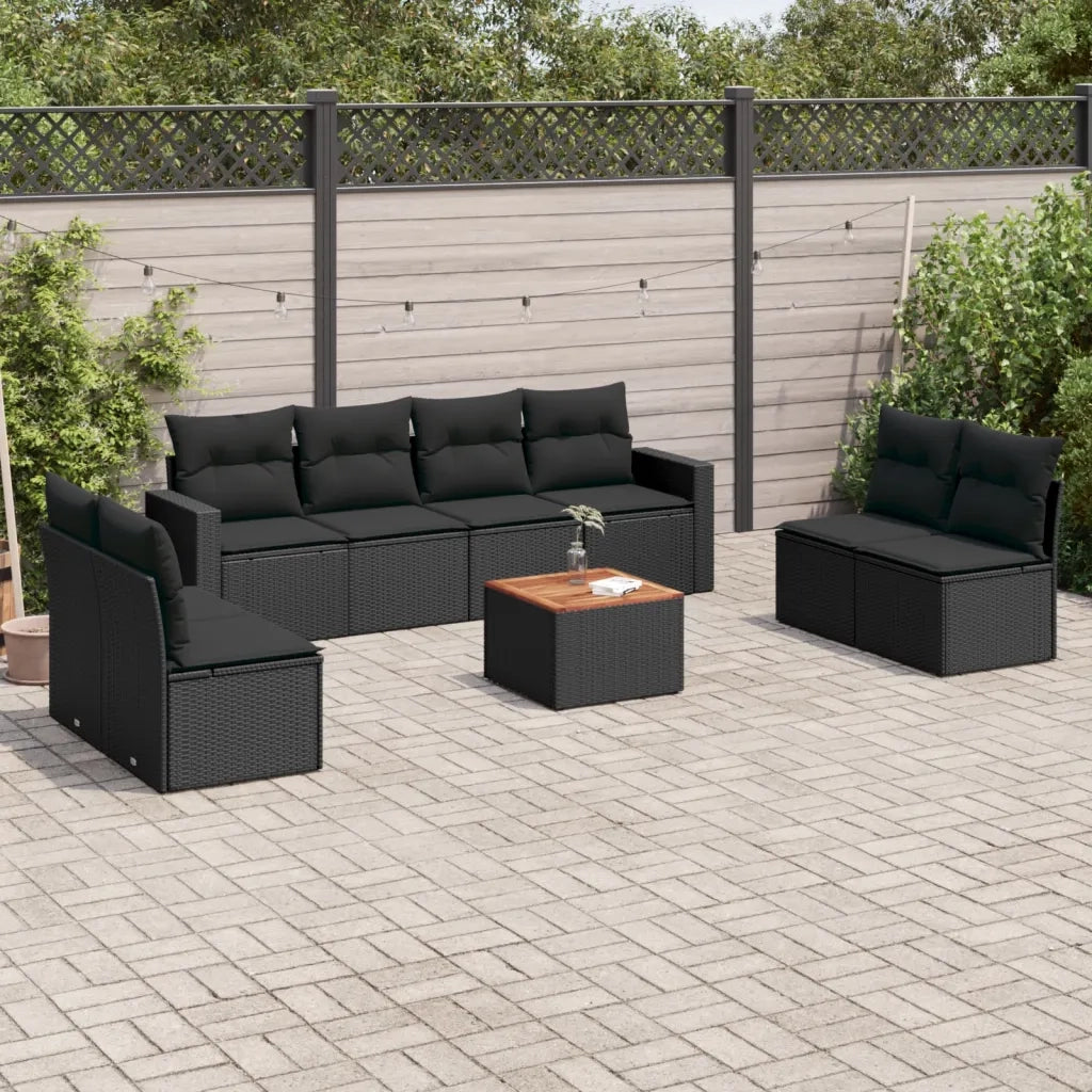 Set Divani da Giardino 9 pz con Cuscini Nero in Polyrattan 3224081