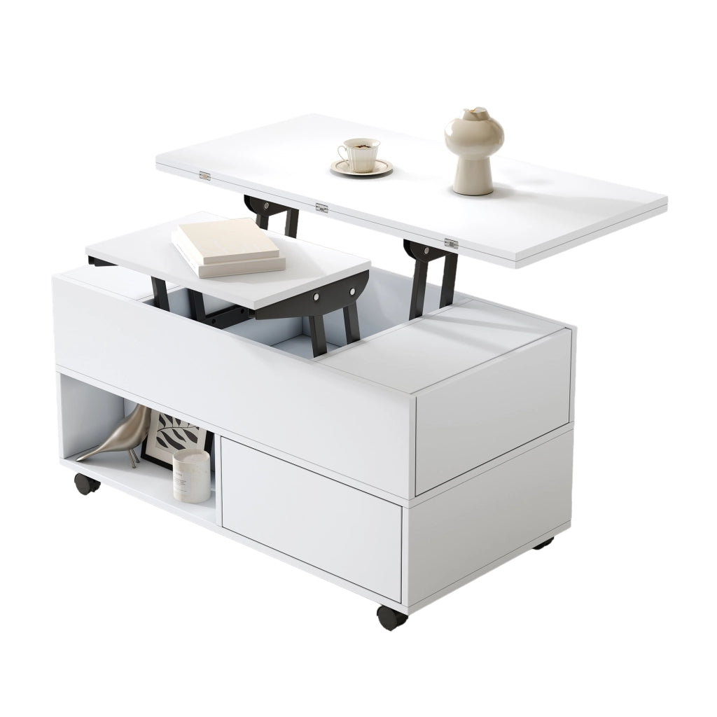 Tavolino da caffè alzabile con 4 cassetti e ruote - per soggiorno - 100x50x52 cm - bianco