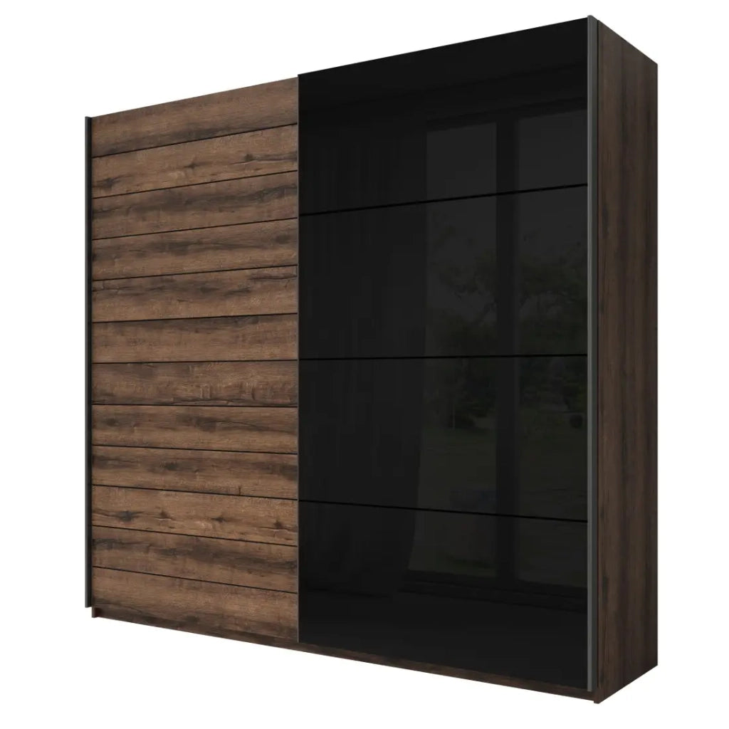 Camera da letto FLOYD: Armadio 220cm, Letto 180x200, comò, comodini. Colore rovere scuro e nero lucido.