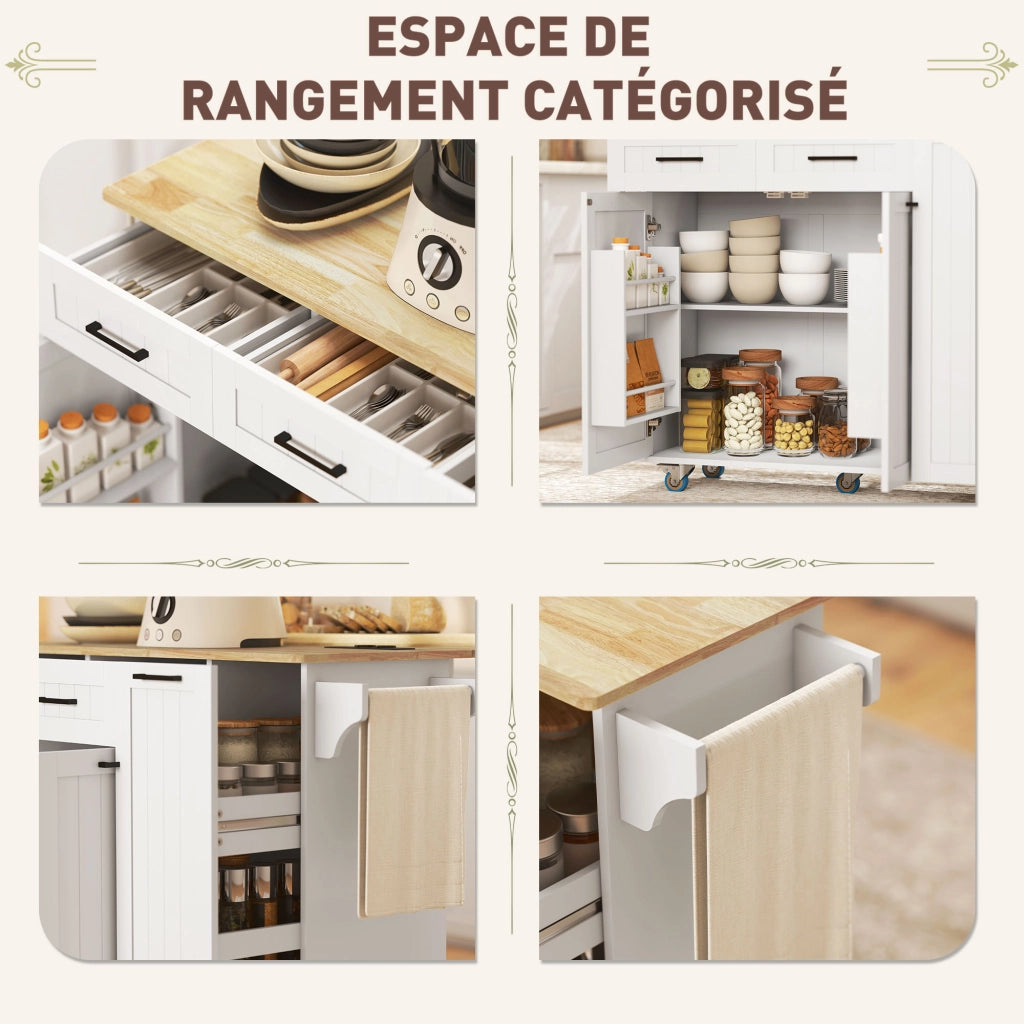 Isola cucina mobile con presa elettrica e USB ¨C Xylo ¨C bianco con ripiano ribaltabile