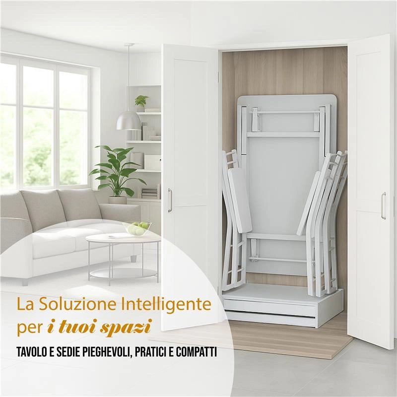 SET EASY CON TAVOLO E 4 SEDIE PIEGHEVOLI COLORE BIANCO, STRUTTURA IN METALLO E SEDUTA IN LEGNO