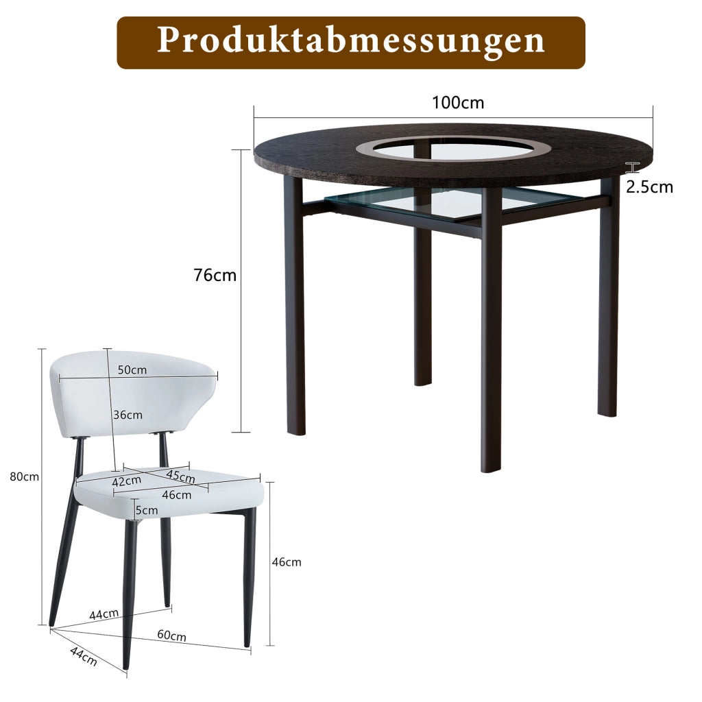 Tavolo da pranzo rotondo con piano in MDF e vetro, 2 sedie in PU, per soggiorno e sala da pranzo, nero, 100 cm