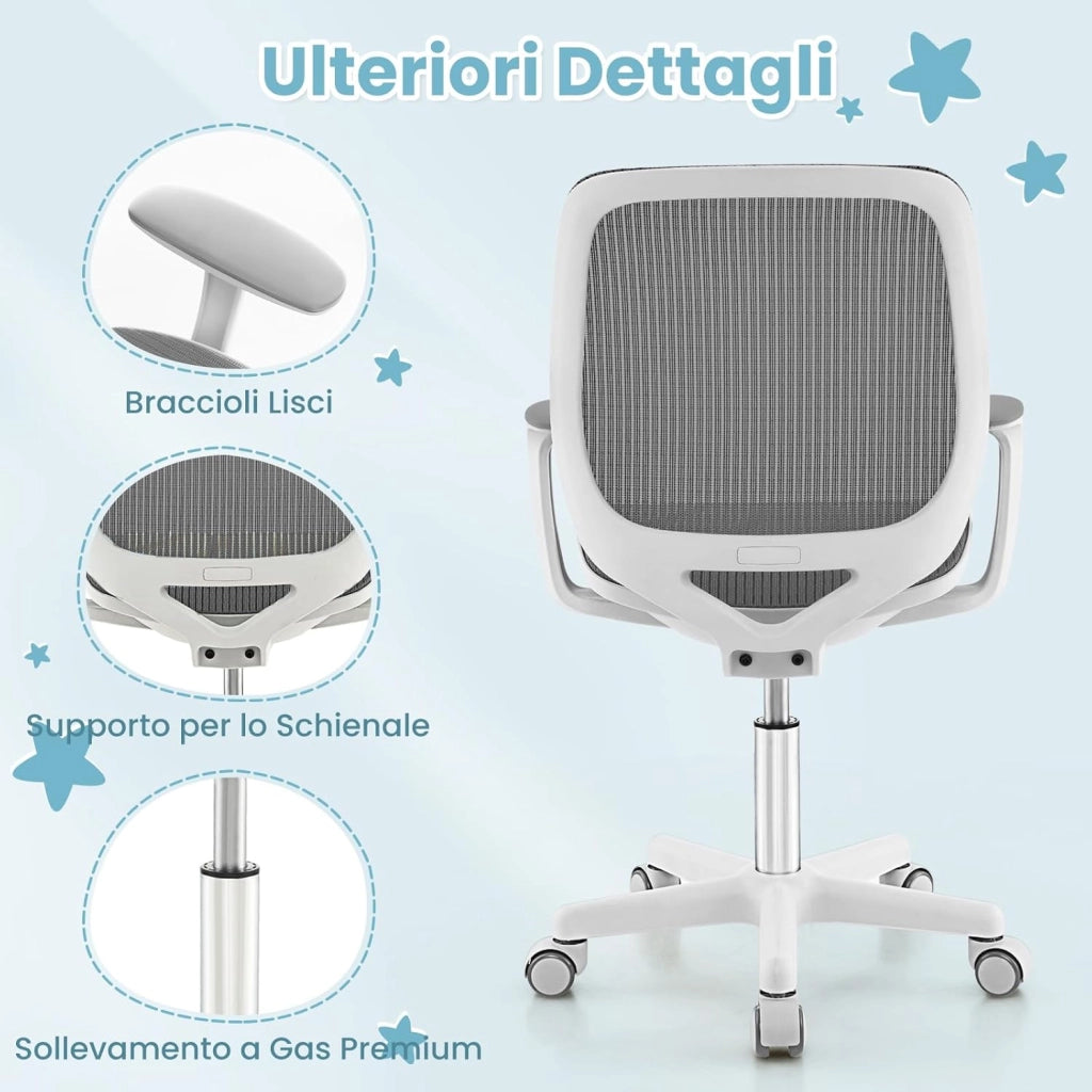 Sedia Scrivania per Bambini con Altezza Regolabile 80-92 cm, Sedia da Uffcio Piccola con Ruote con Freno e Braccioli Morbidi, Mobile Ergonomica per Bambini 6-15 Anni (Grigio)