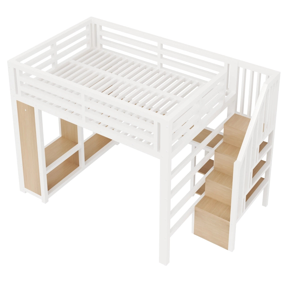 Letto a Soppalco 140x200 cm; LED; USB; Scrivania; Guardaroba; Scala; in Metallo; Bianco