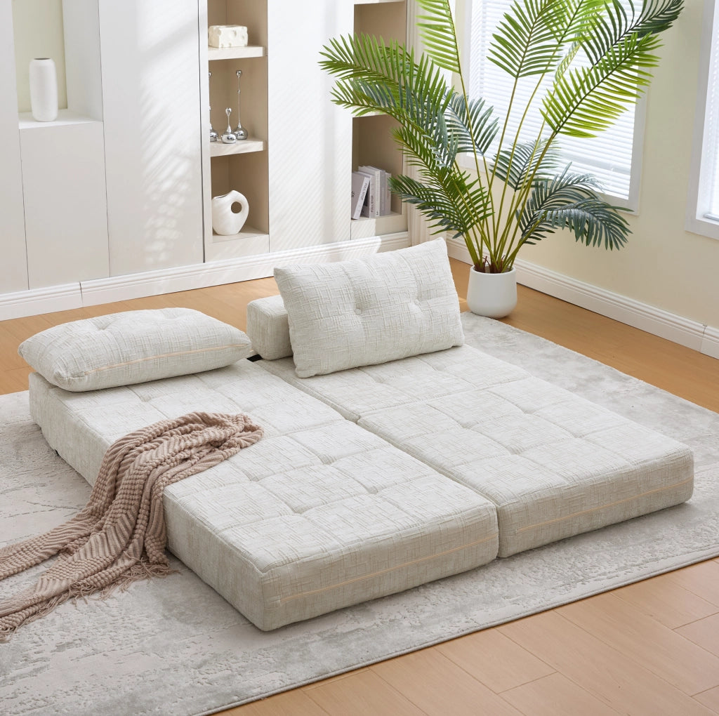 Divano letto pieghevole in ciniglia beige con cuscini; 79 x 180 cm