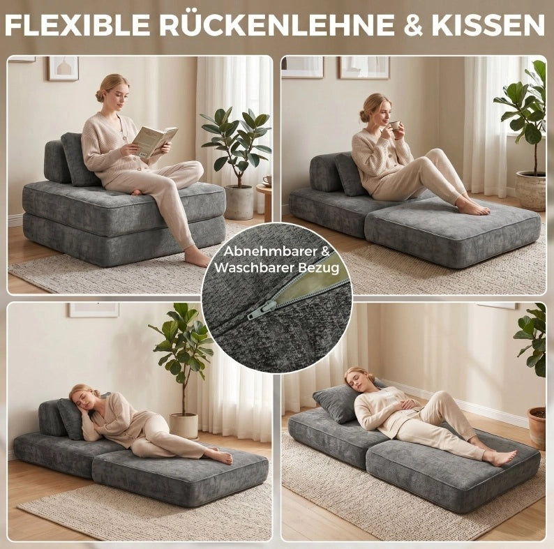 Poltrona a terra pieghevole 2-in-1 in chenille grigia con cuscino di supporto spesso