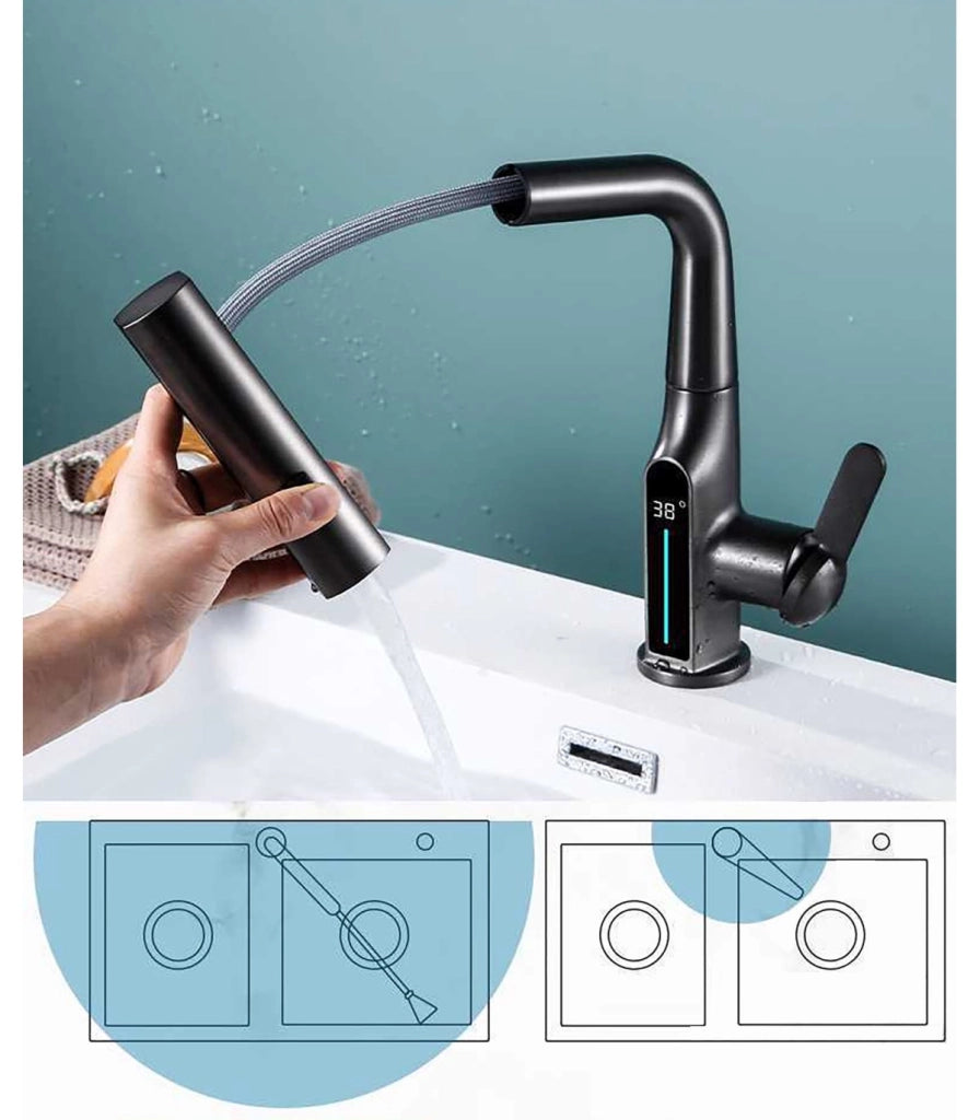 Rubinetto Lavandino Display LED Temperatura LH-189 | Lega | Estraibile 3 modi | Altezza regolabile per Lavare Testa
