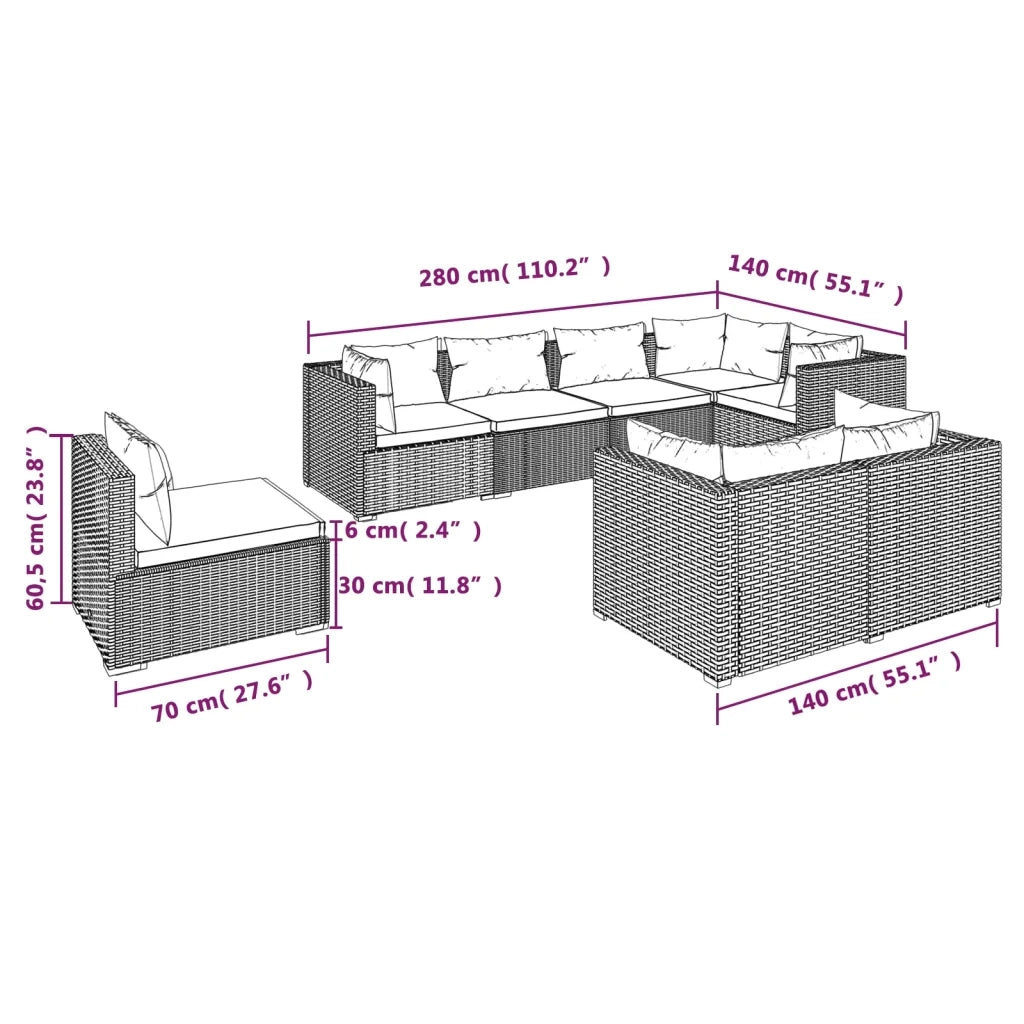 Set Divani da Giardino 8 pz con Cuscini in Polyrattan Grigio cod mxl 40488