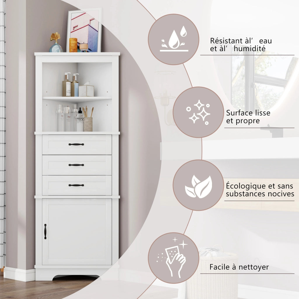 Mobile angolare da bagno con 1 anta, 3 cassetti e ripiani regolabili, per bagno, in MDF, bianco, 57,7 × 46 × 167,5 cm