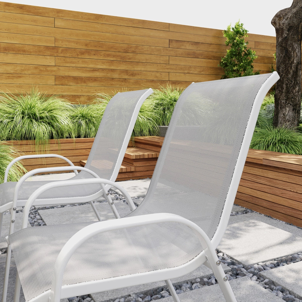 Set 4 Sedie da Giardino 54x71x93 cm Impilabili con Braccioli Curvi in Acciaio e Tessuto Traspirante Grigio Bianco
