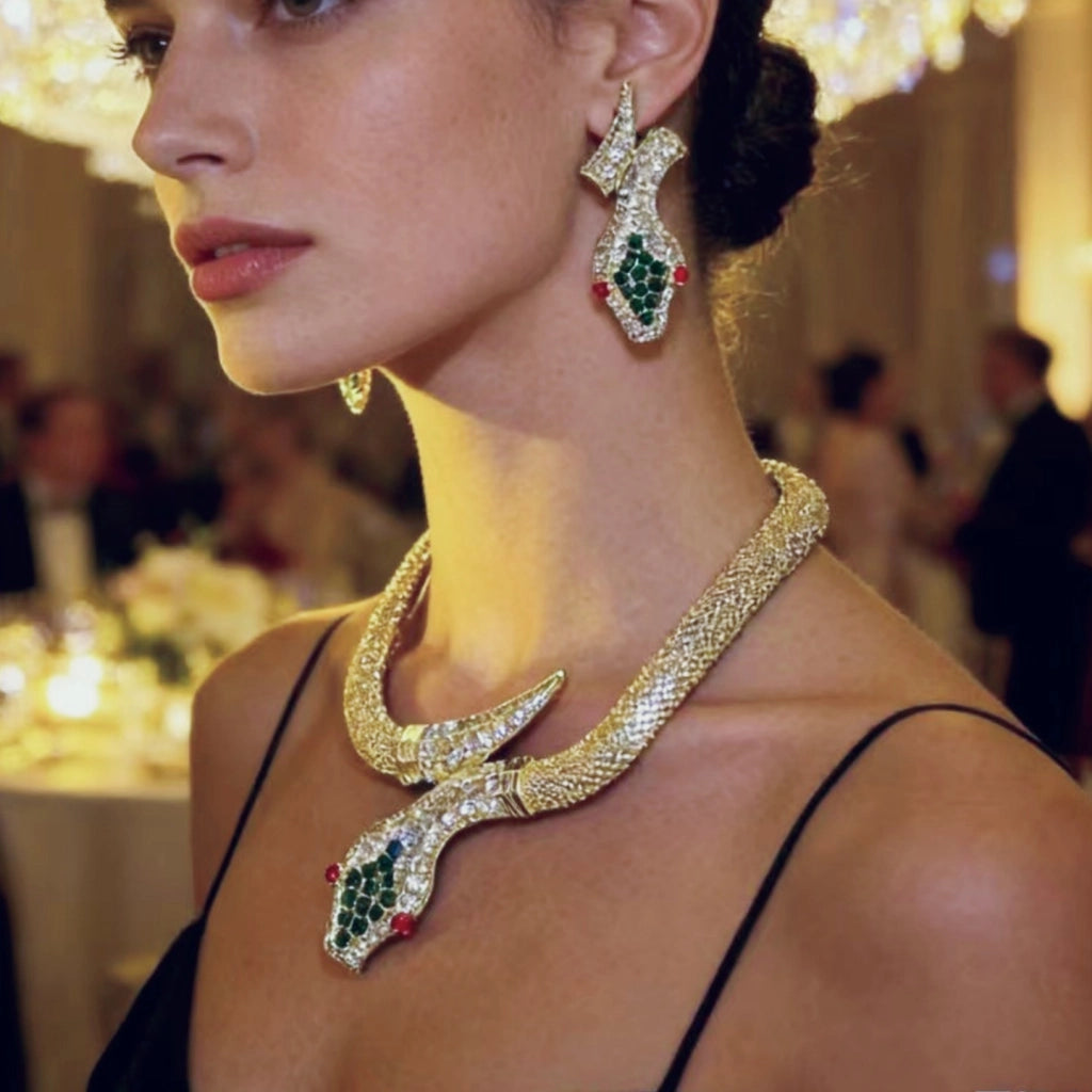 Collana a serpente e orecchini a forma di serpente con diamanti, dal design vintage, sofisticati e versatili.