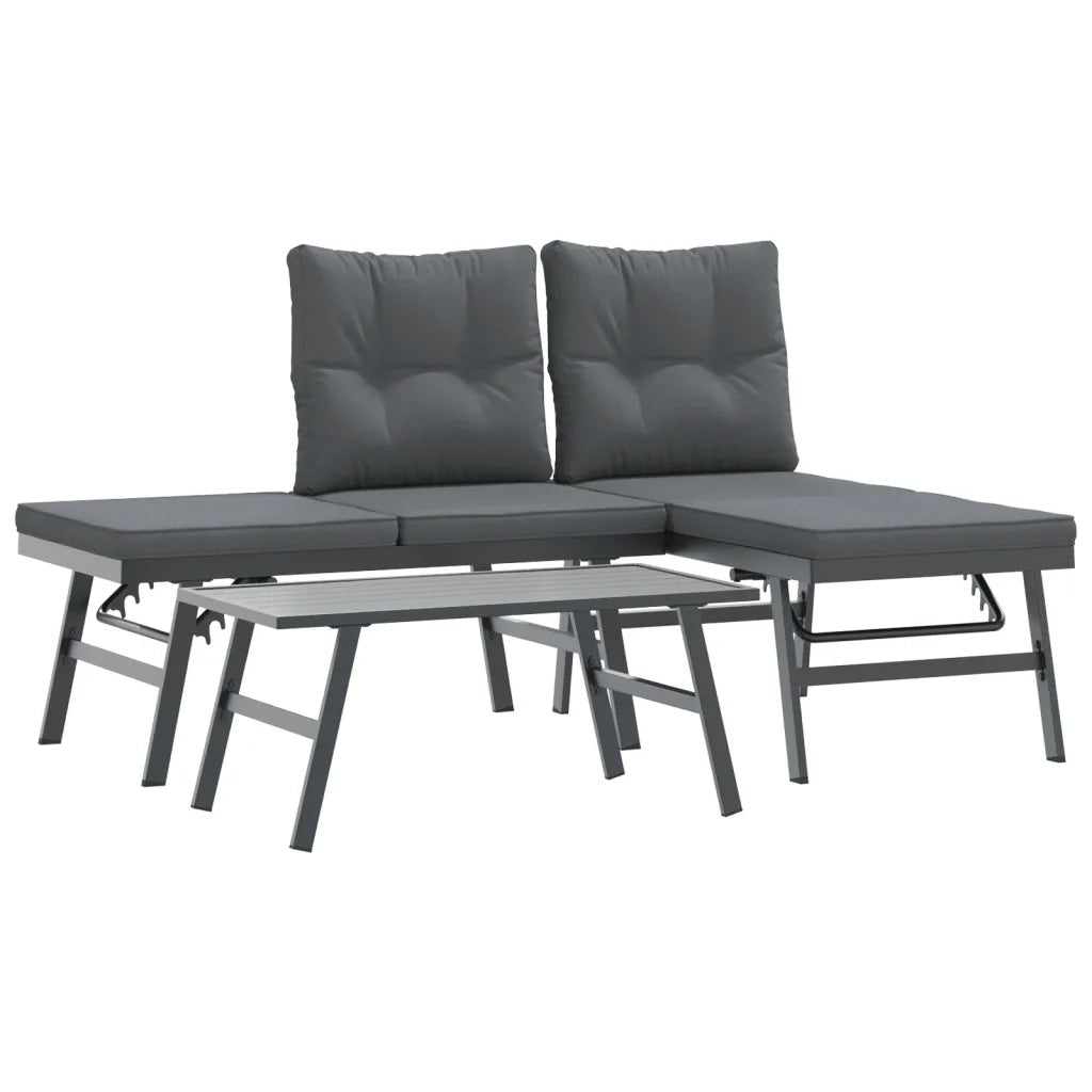 Set Panche Giardino Cuscini 3pz Nere Acciaio Verniciato Polvere