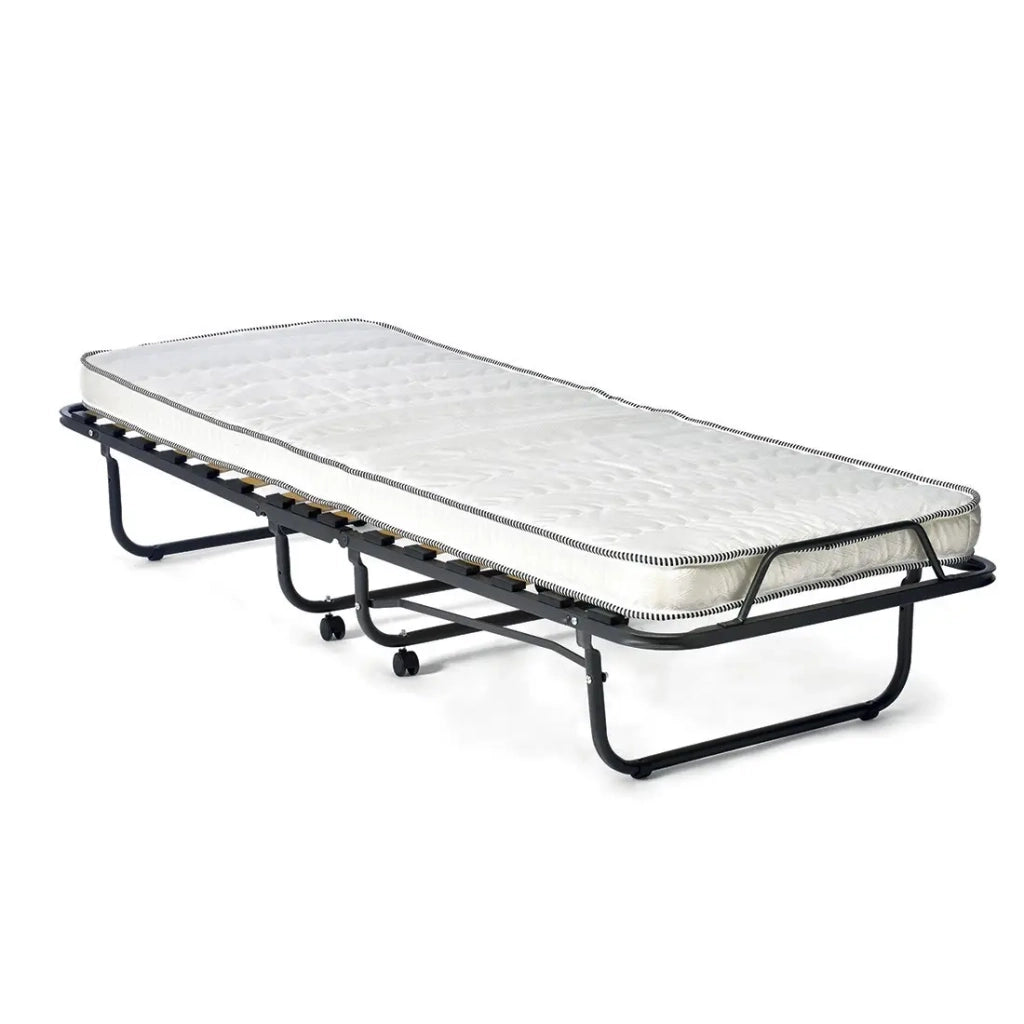 Letto pieghevole NAZARE – 90x200 cm in metallo nero con ruote, rete e materasso inclusi