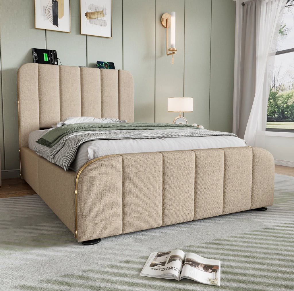Letto singolo 90x200 cm in lino beige con testiera imbottita; USB e contenitore idraulico