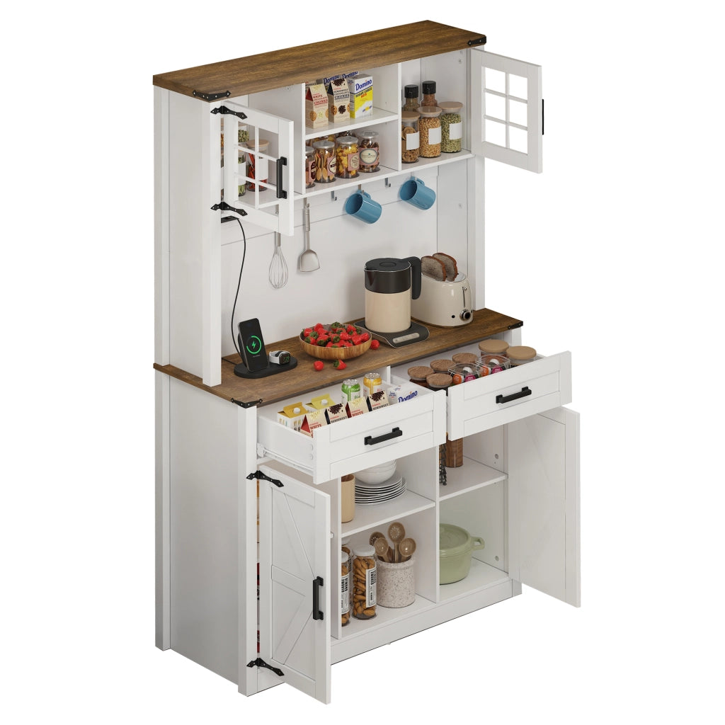 Credenza da Cucina con 2 Cassetti; 4 Vani; Ripiani Regolabili; LED e Prese; in MDF; Marrone e Bianco