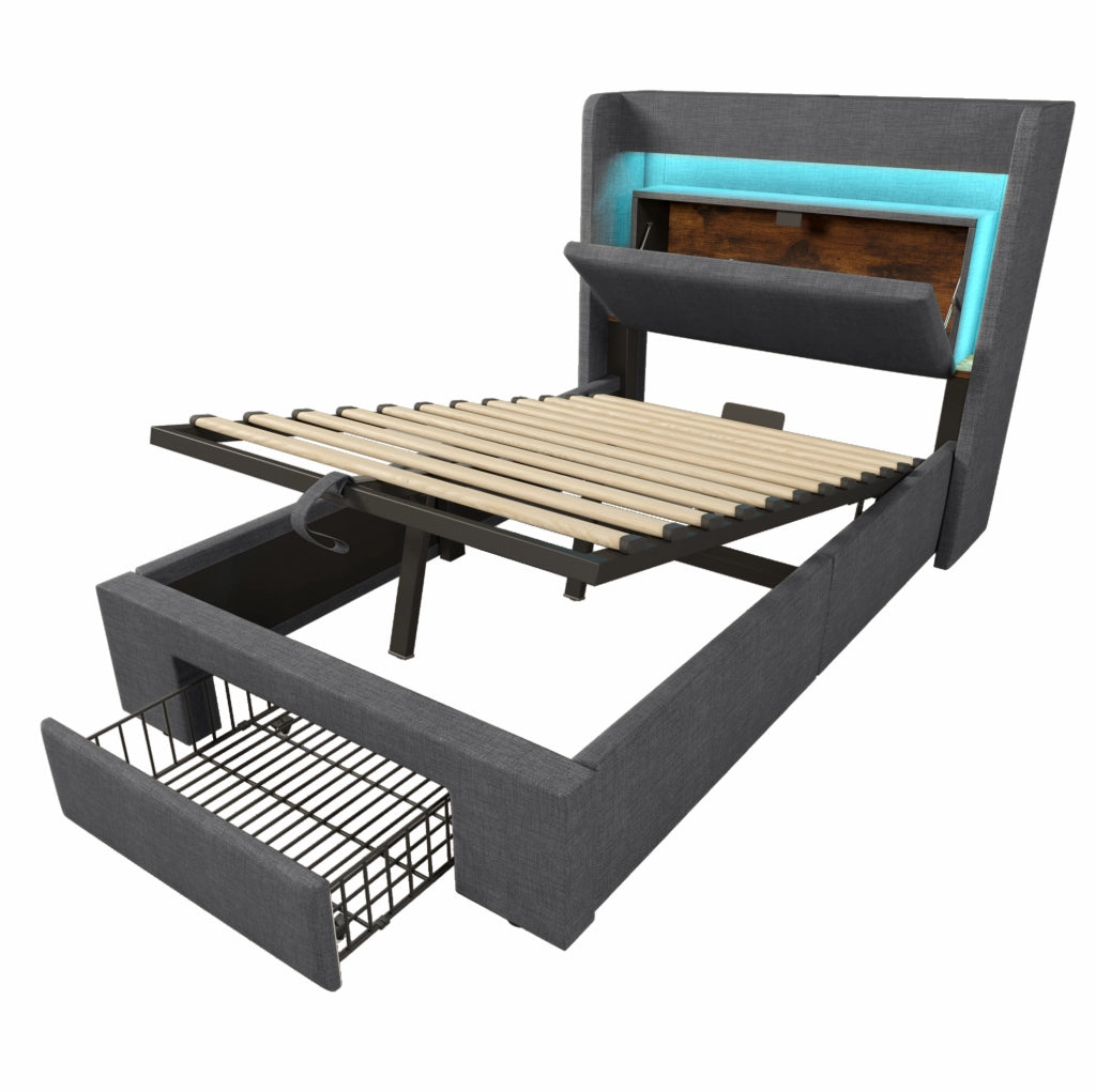 Letto imbottito 90 × 200 cm con contenitore idraulico; LED; USB e USB-C; lino grigio
