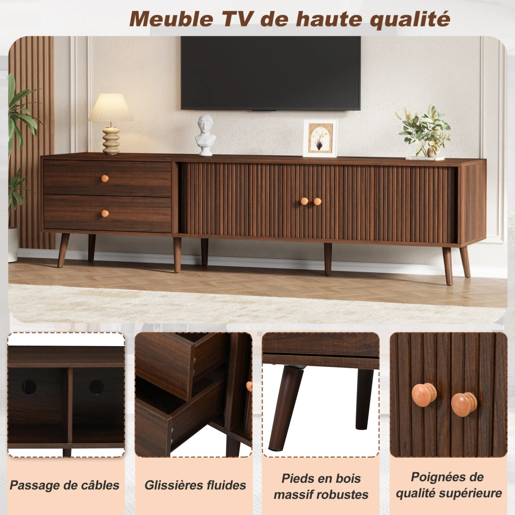 Mobile porta TV con 2 cassetti, 2 ante scorrevoli e 8 piedi, per soggiorno, in MDF, noce, 180 × 40 × 46,5 cm