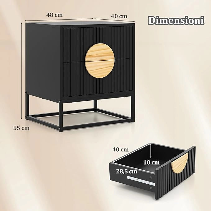 Comodino a 2 Cassetti, Tavolino con Maniglie in Legno di Pino e Struttura in Metallo, Cassettiera Salvaspazia Moderna per Camera da Letto e Soggiorno, 48 x 40 x 55 cm