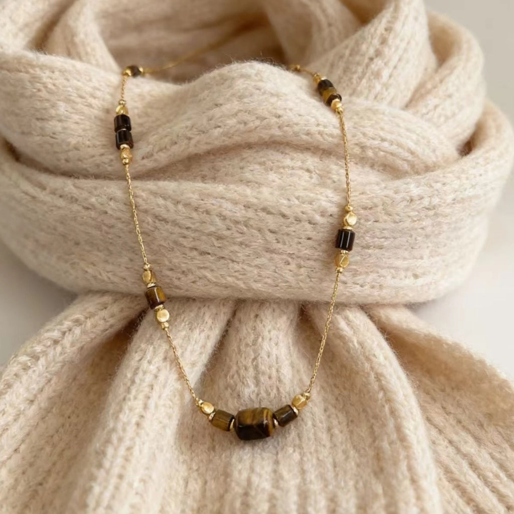 Collana a catena con perline in occhio di tigre, stile vintage, a strati, elegante e semplice.