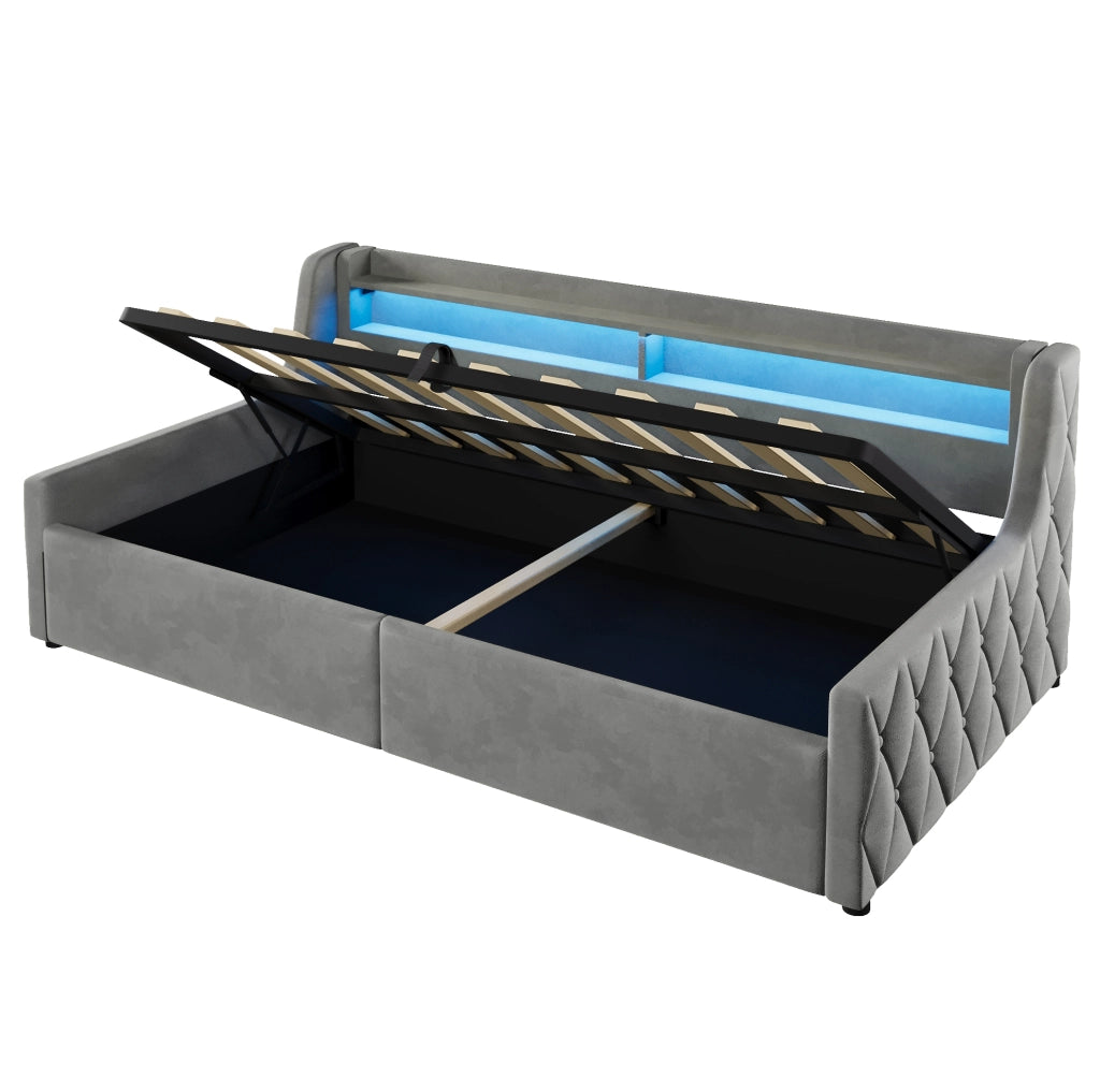Letto imbottito ULEVR 90x200 cm con contenitore e testiera LED multicolore, grigio
