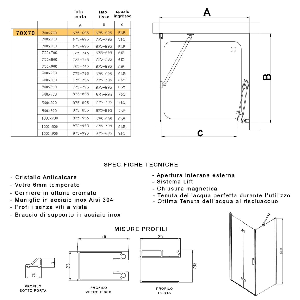 Box Doccia angolare 70x70 cm 1 anta a Libro in Cristallo trasparente 6mm H195 Bonussi Noemi