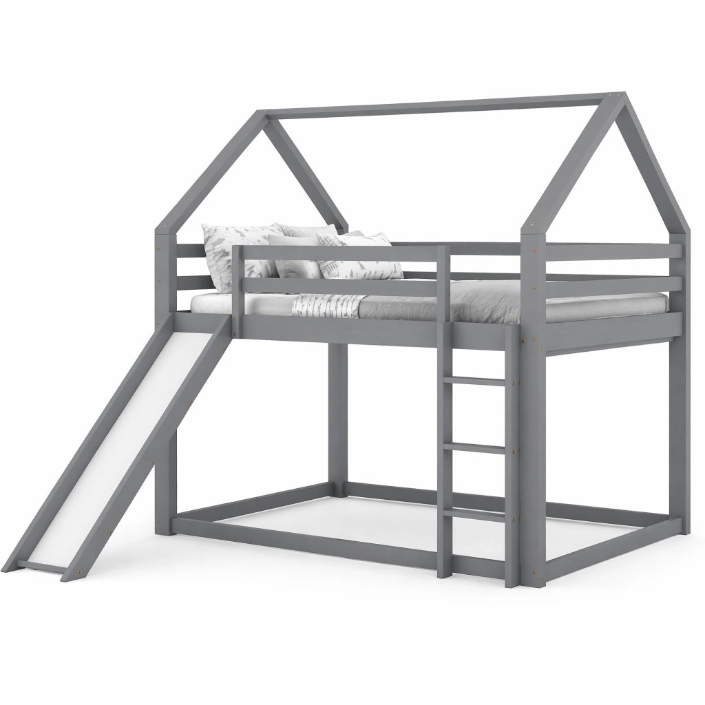 Letto a castello per bambini a forma di casetta con scivolo e scala; 2x 140x200 cm; grigio