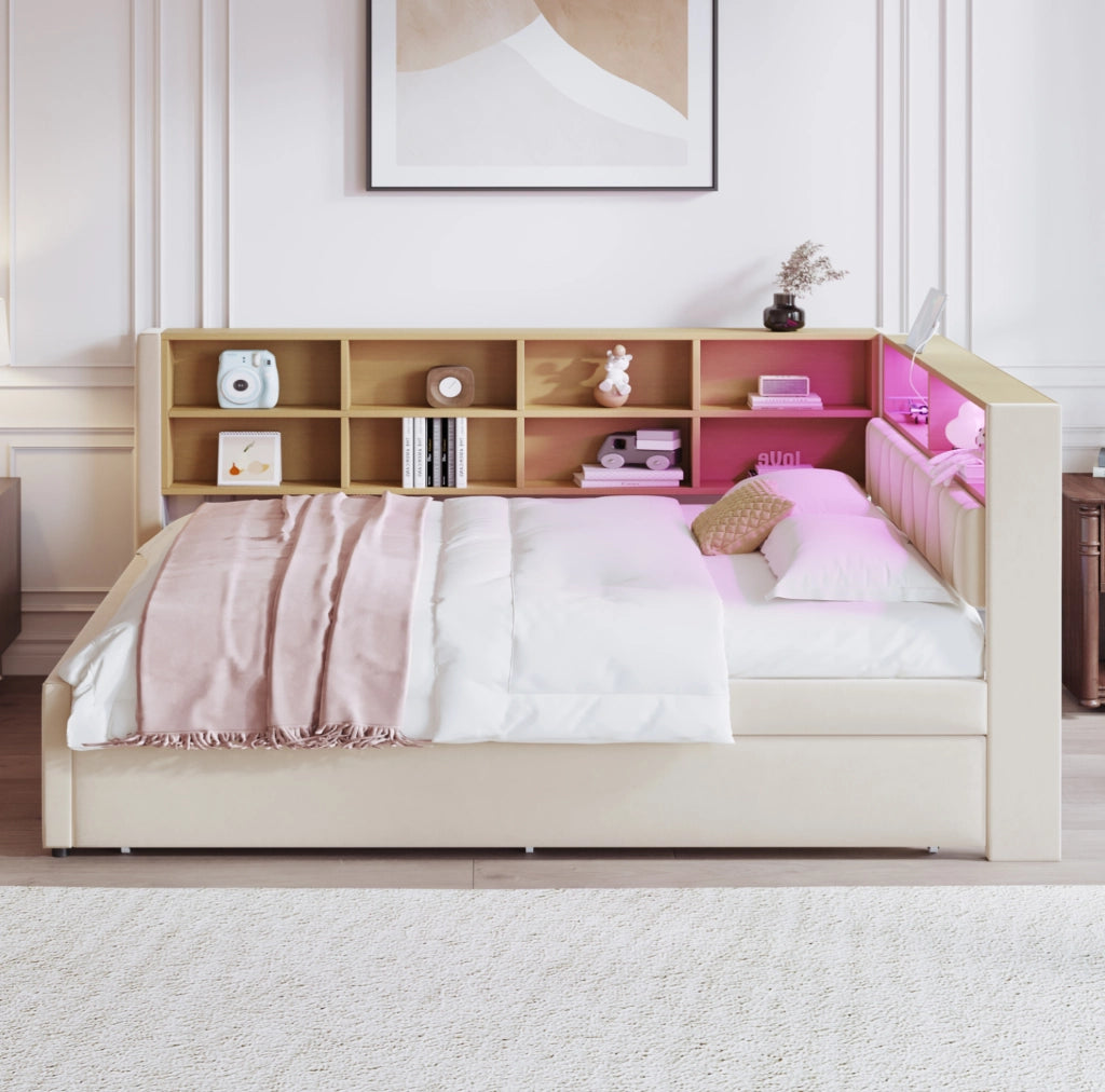 Divano letto beige 140x200 cm con letto estraibile 90x190 cm, LED e ricarica USB-C