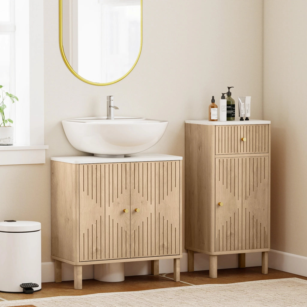 Mobile Sottolavabo a 2 Ante con Ripiano Effetto Marmo e Mensola Regolabile. Rovere