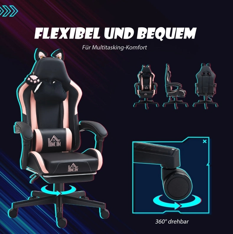 Poltrona gaming nera con orecchie di gatto e poggiapiedi