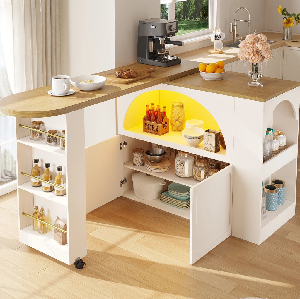 Tavolo bar estensibile mobile con LED e USB 135-205x39x100 cm in MDF bianco