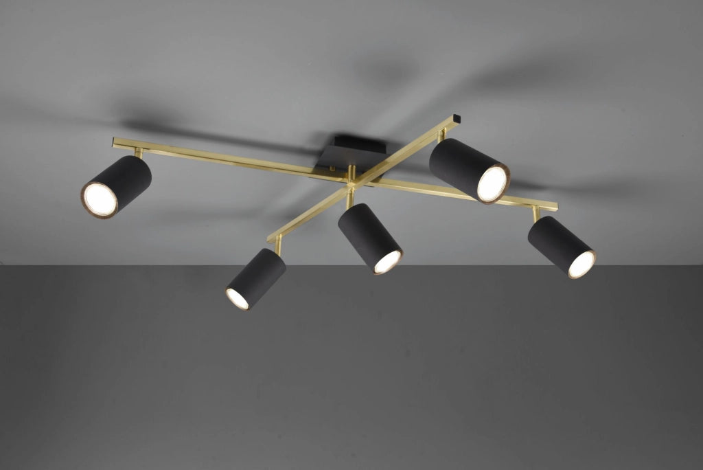 MARLEY PLAFONIERA 2 BARRE ORIENTABILI ORO CON 5 SPOTS CILINDRI NERO L.77,4CM 5 LUCI ATTACCO GU10