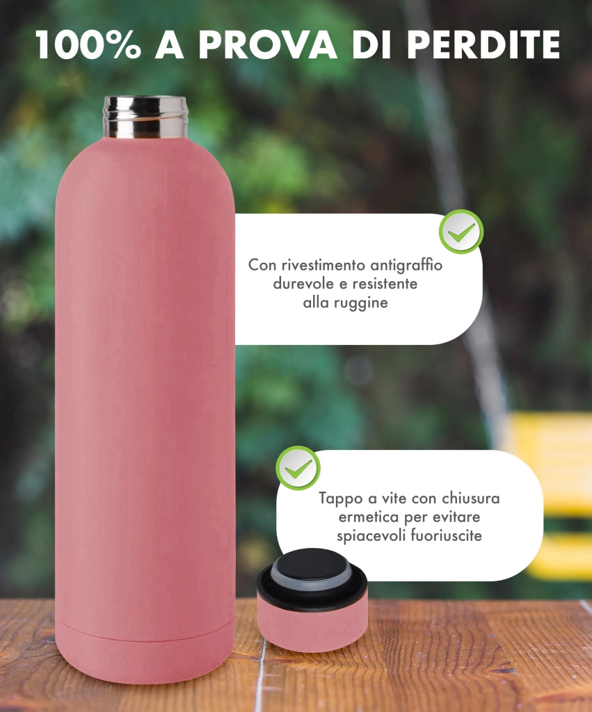 Borraccia Termica 1 Litro Bottiglia Acciaio Inox Inossidabile Doppio Strato 1000 Ml Tappo Antigoccia Doppia Camera Bevande Calde Fredde Termos Sistema Sottovuoto Rivestimento Soft Touch  - Rosa