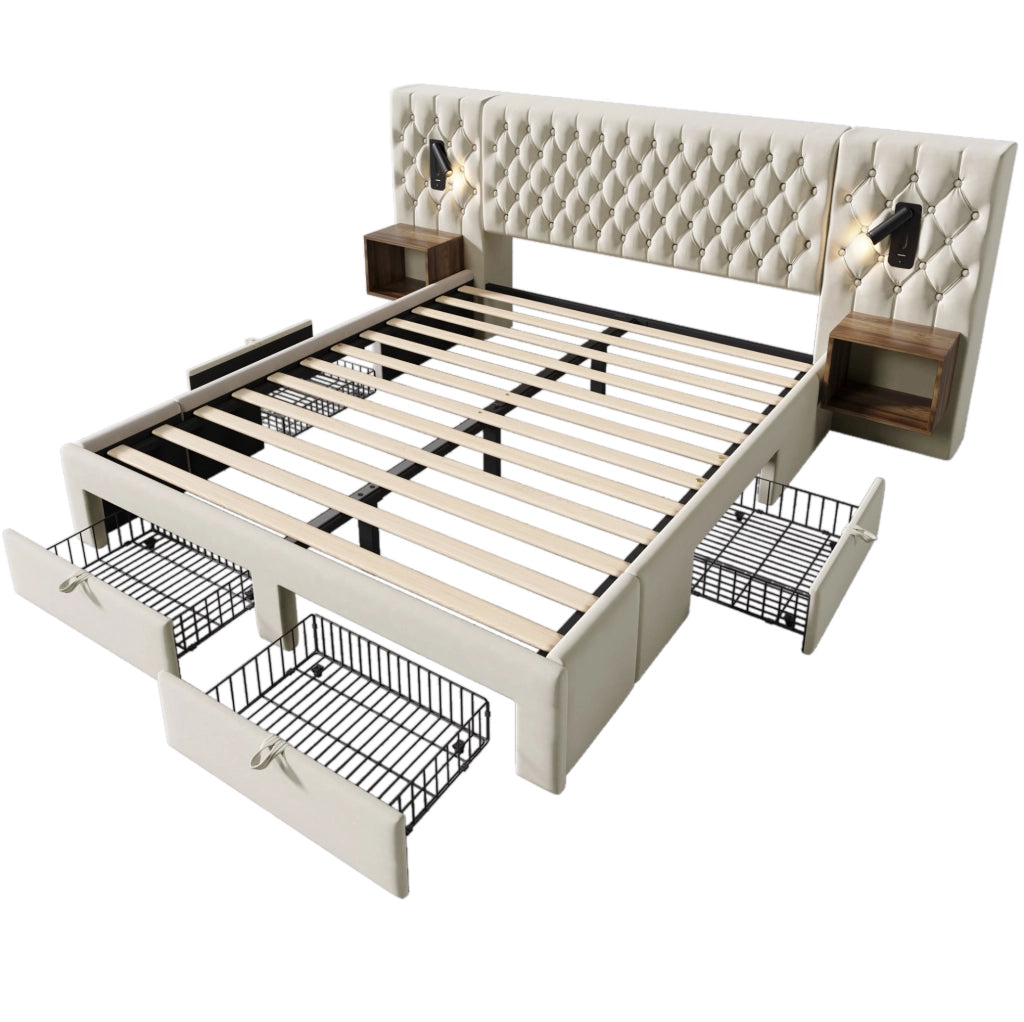 Letto matrimoniale 180x200 cm beige in velluto; 4 cassetti con luci USB e Type C