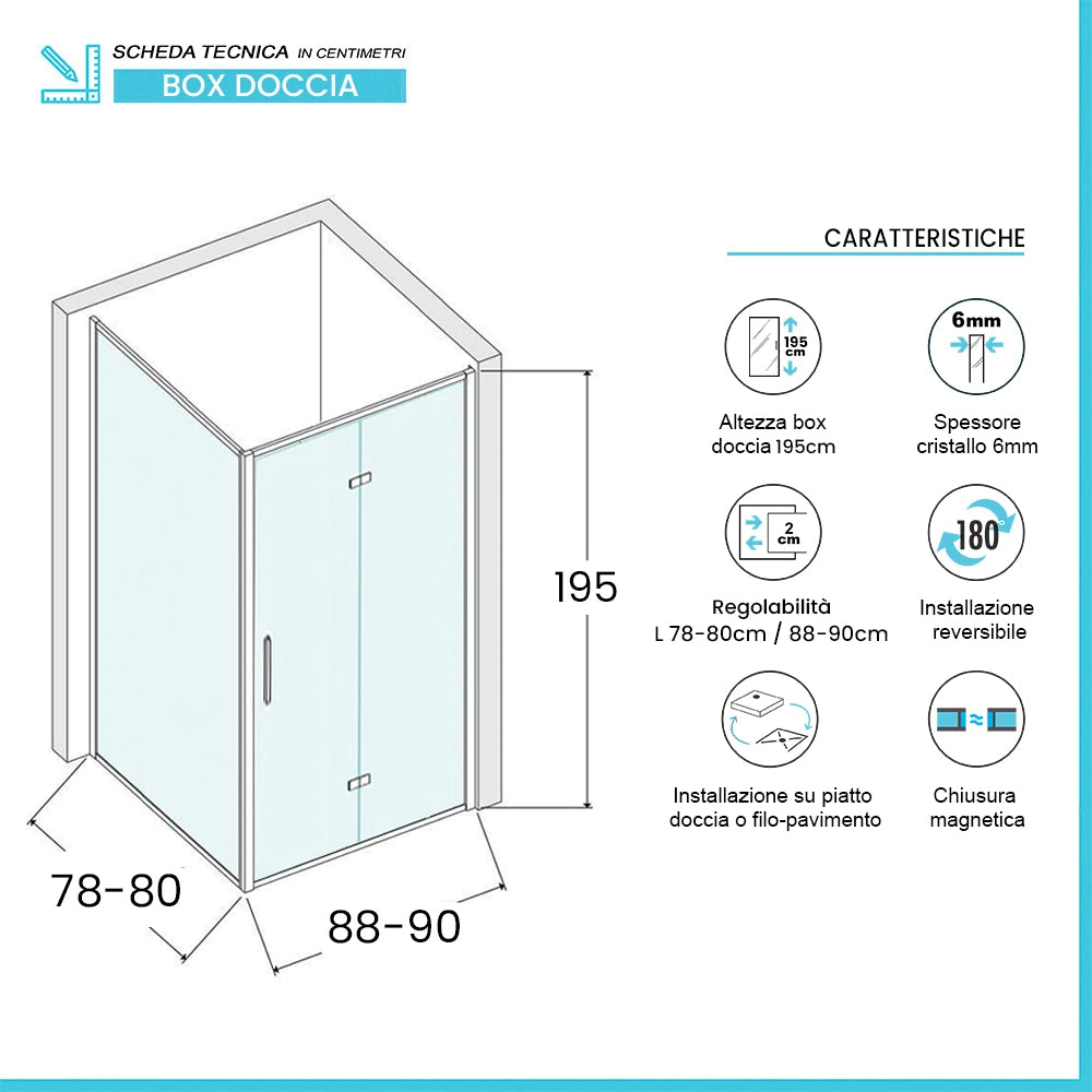 Box doccia angolare a soffietto 80x90 in vetro temperato trasparente con profili cromo Neos