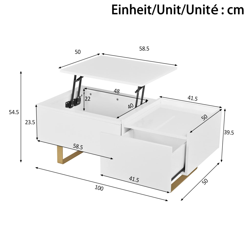Tavolino da caffè elevabile con vano contenitore e cassetto; 100x50x54;5 cm; MDF bianco