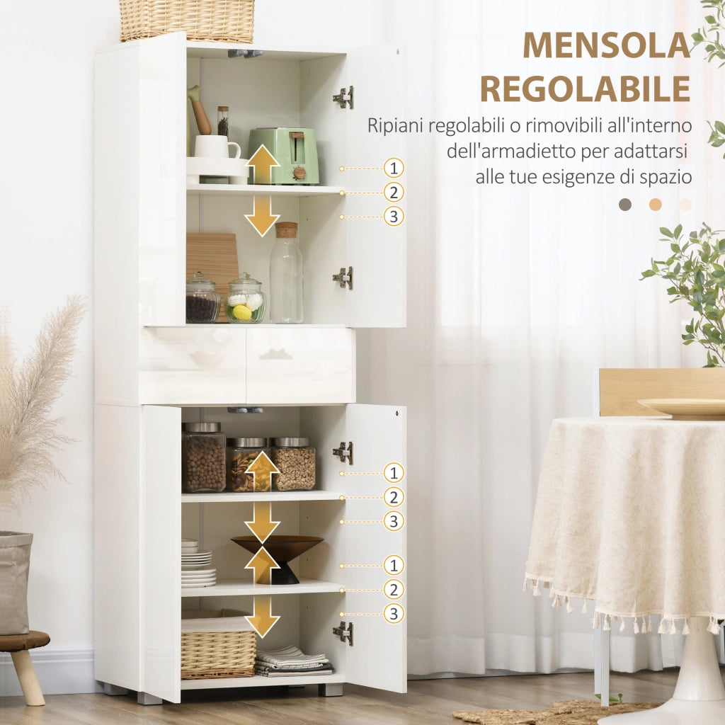 Dispensa Cucina con 4 Ante, 3 Ripiani Regolabili e Mensole a 5 Livelli in MDF e Truciolato, 60x35x170 cm, Bianco