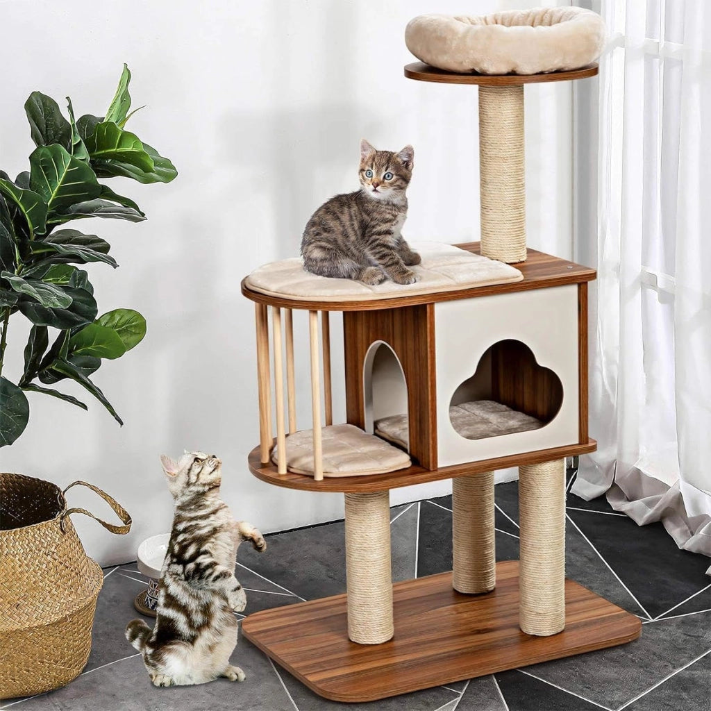 Tiragraffi in legno con 4 colonne tiragraffi, 2 piattaforme, albero da arrampicata con grotta e piattaforma di osservazione, per gatti, 68 x 48 x 117 cm (marrone)
