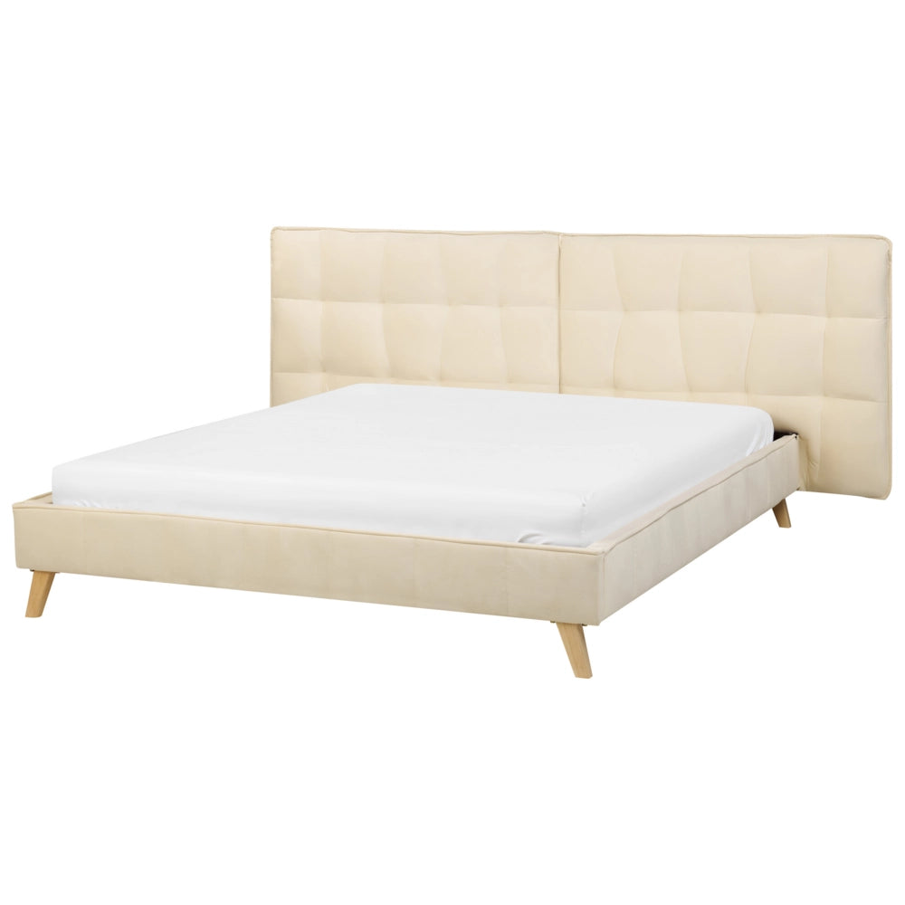 Letto Tappezzeria trapuntata in velluto beige Gambe in legno chiaro 160 x 200 cm doghe con testiera regolabile Wingback