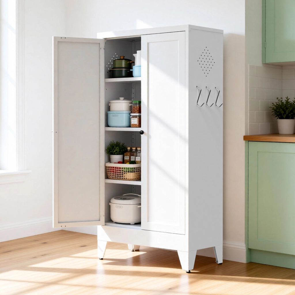 Armadio contenitore in metallo con 3 ripiani regolabili e chiusura magnetica bianco per cucina dispensa e soggiorno